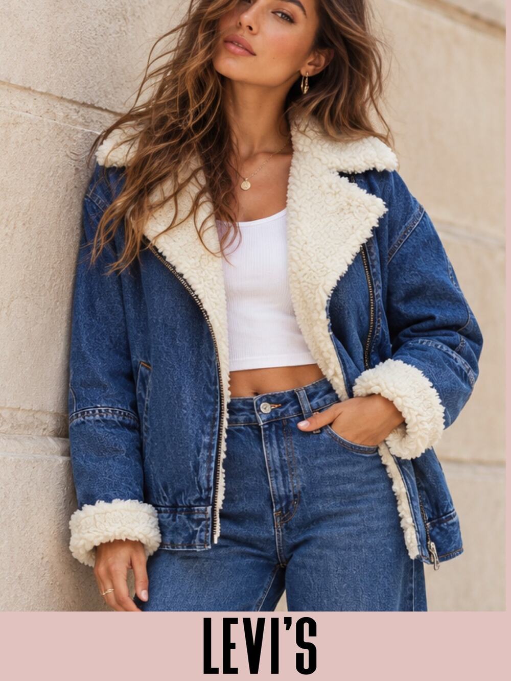 Levi's jacket sherpa denim aviator flight cotton cozy fur coat warm blue Large